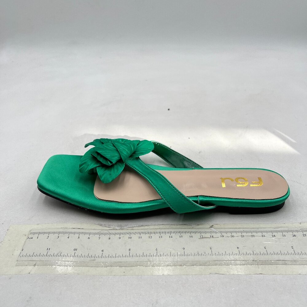 FSJ Green Flower Thong Flat Sandals Casual Flip Flops Summer Beach Dress Shoes